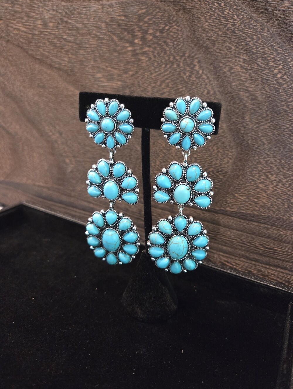 Turquoise Floral Cluster Drop Clip  Earrings - Blue Statement Jewelry